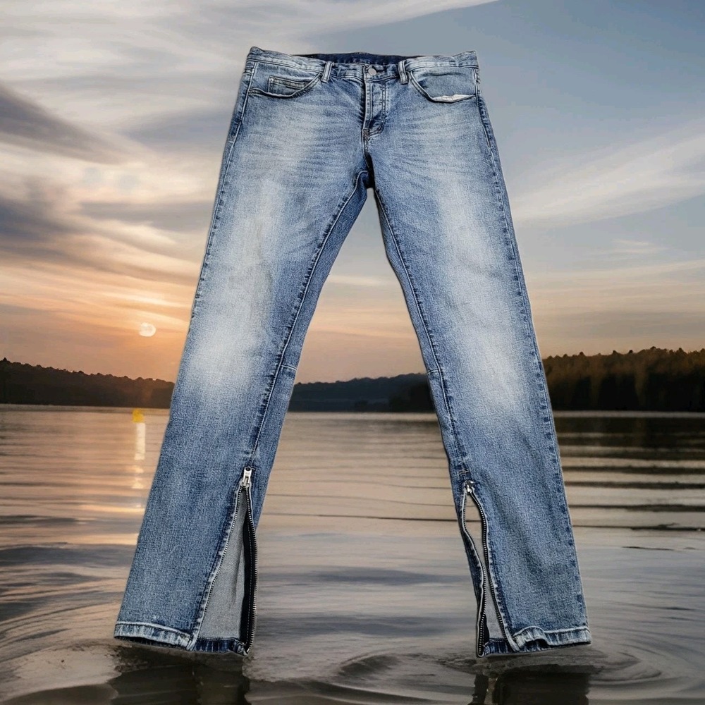 👖MNML Jeans Men 33 Fade Wash M1 Stretch Denim Ankle Zip Skinny Jeans Button Fly